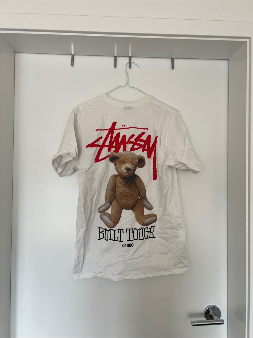 Stussy White Tee with Red Chest Logo